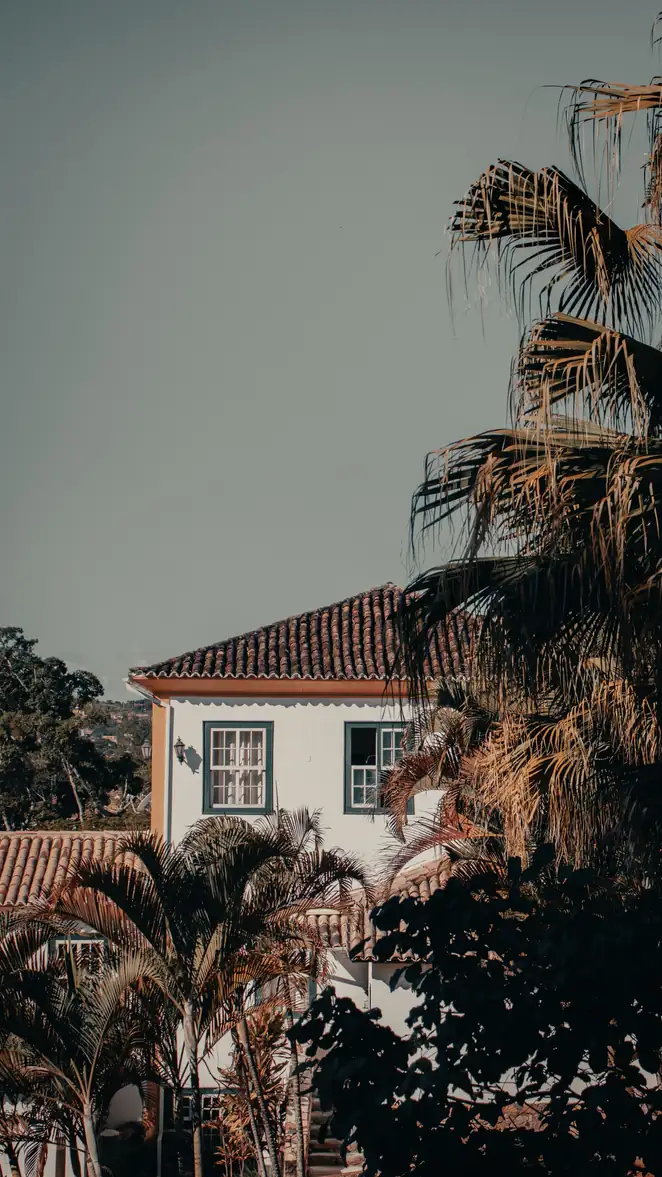 Maison tropicale à toiture de tuiles entourée de palmes sèches